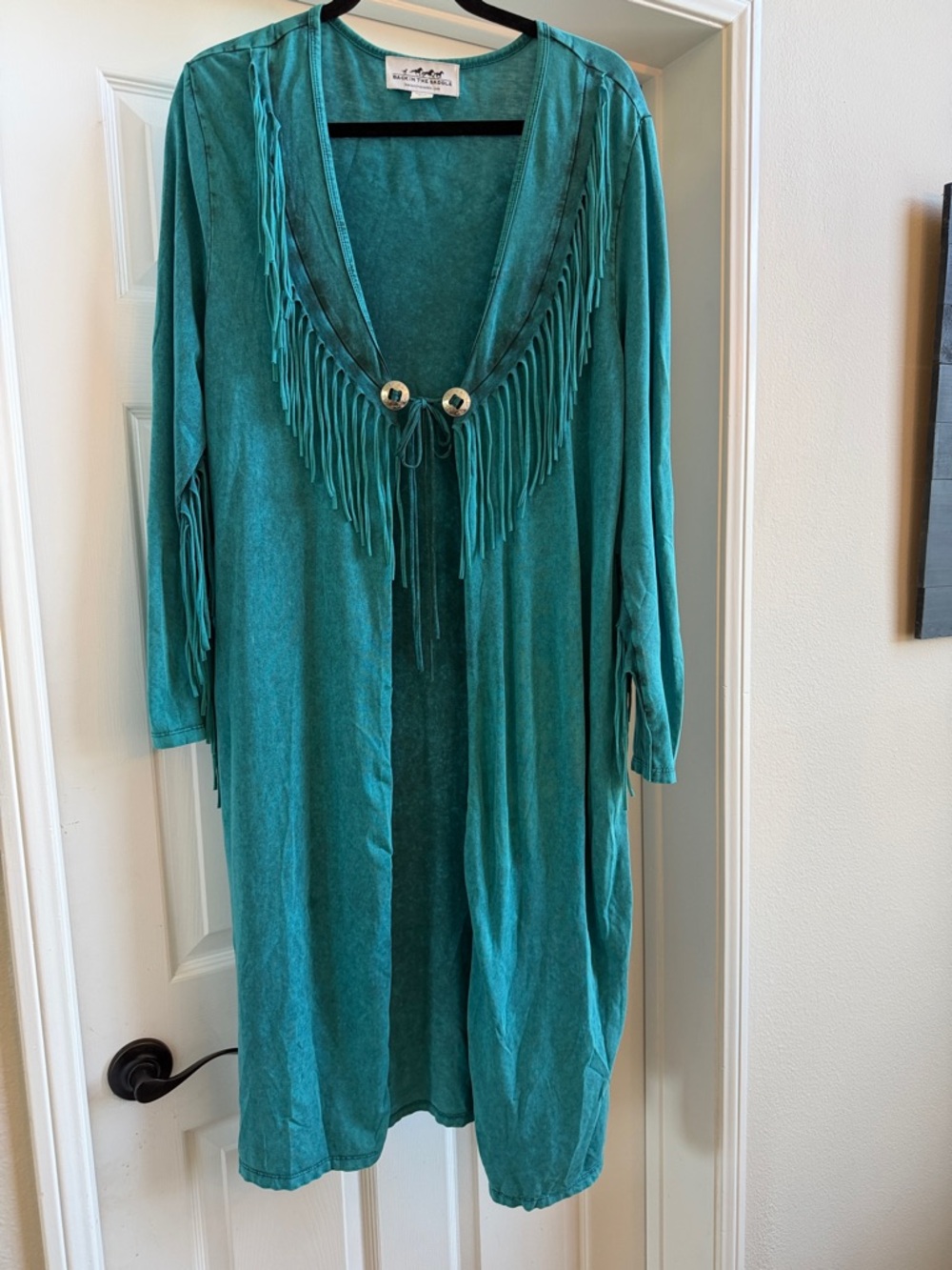 Back In The Saddle Teal Open Front Cardigan with Fringe -M